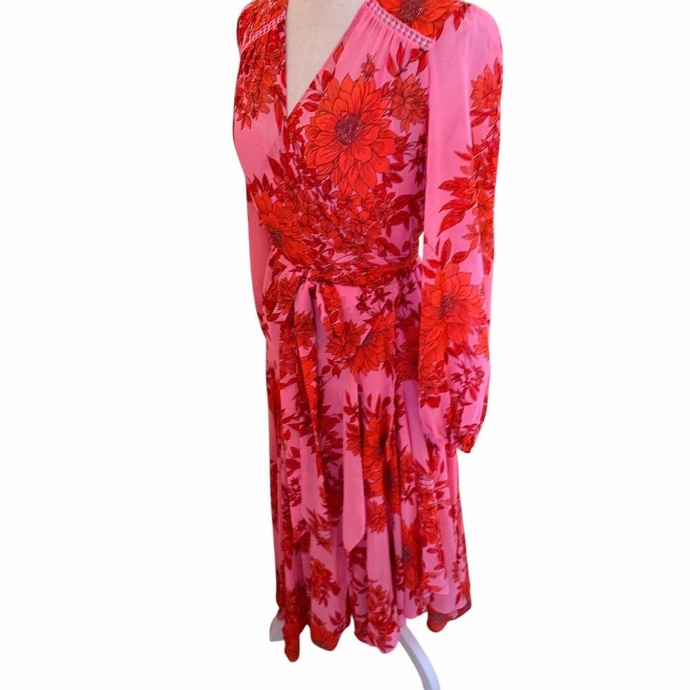 CAbi Pink/Red Chiffon Floral "Drama" Wrap Style Midi Dress #5614 S - Picture 8 of 12